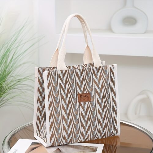 DLIU Vintage-Inspired Nylon Handbag with Fixed Shoulder Straps, Zipper Closure & Chic Striped Design - Ideal for Work, Commuting & Lunch Boxes - Black/White, Brown/White, Light Brown/White, Commuter Tote Bag | Vintage Style Bag | Durable Nylon Bag, Small Crossbody Bag