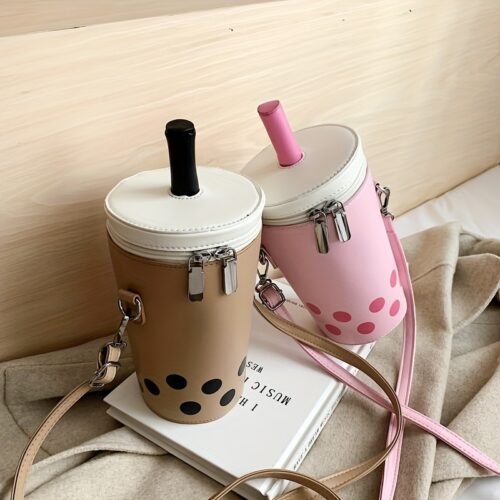 [Cute | Mini] Cute White & Pink Polka Dot Mini Boba Tea Crossbody Bag | PU Design with Adjustable Strap | Small Purse for Women