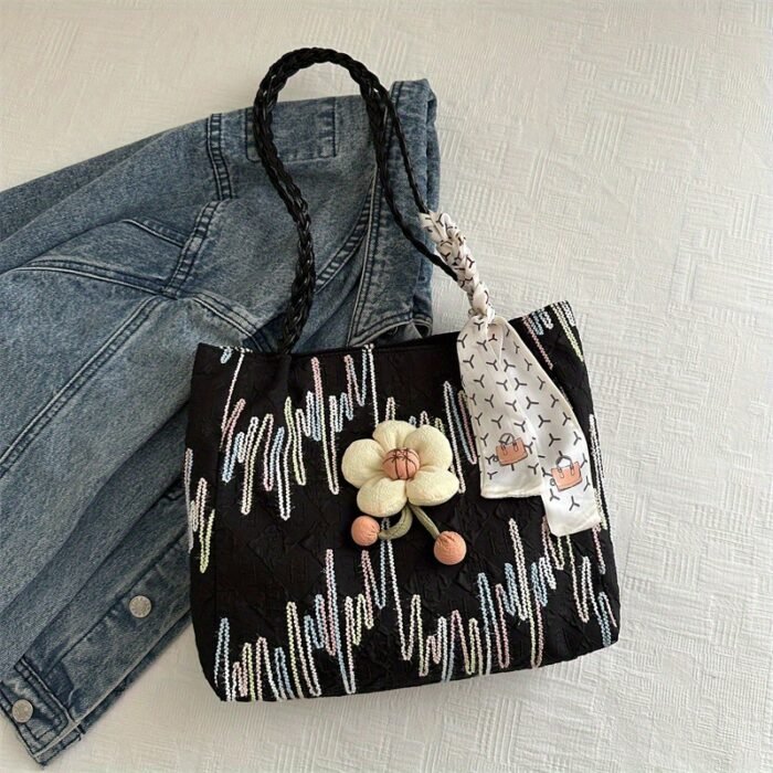 Nylon Fabric Beach Tote Bags, Preppy Casual Cute Foldable Lightweight Long Wearing Black, with Double Handles, Polyester Nylon Lining, Wet Wipe Dry Cloth Clean, Uncharged Snap Closure, for Women, College Vacation Daily Commute - Image 2