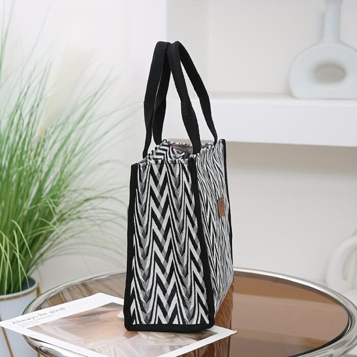 DLIU Vintage-Inspired Nylon Handbag with Fixed Shoulder Straps, Zipper Closure & Chic Striped Design - Ideal for Work, Commuting & Lunch Boxes - Black/White, Brown/White, Light Brown/White, Commuter Tote Bag | Vintage Style Bag | Durable Nylon Bag, Small Crossbody Bag - Image 5