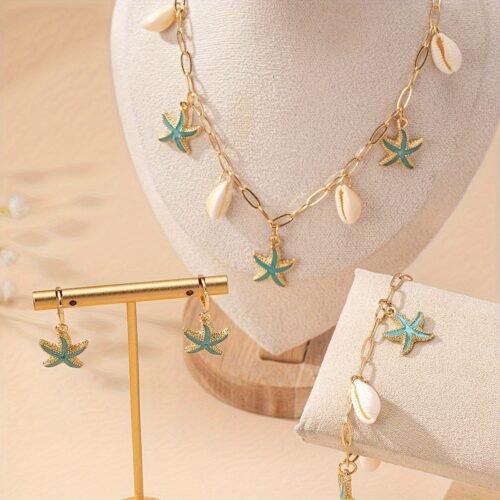 Starfish Shell Necklace, Starfish Shell Bracelet, and Pair of Starfish Shell Earrings Oceanic Vacation Style Jewelry Set