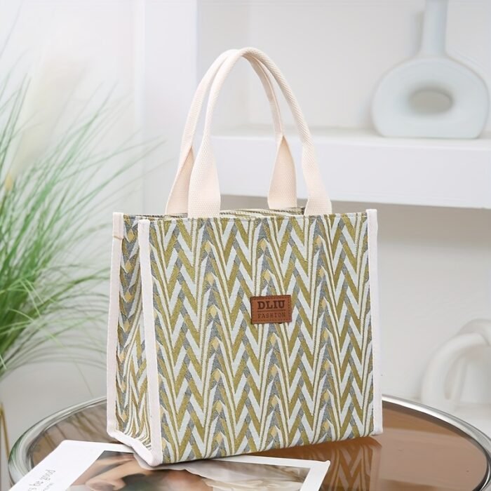 DLIU Vintage-Inspired Nylon Handbag with Fixed Shoulder Straps, Zipper Closure & Chic Striped Design - Ideal for Work, Commuting & Lunch Boxes - Black/White, Brown/White, Light Brown/White, Commuter Tote Bag | Vintage Style Bag | Durable Nylon Bag, Small Crossbody Bag - Image 9