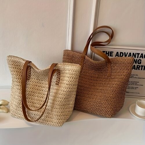 French-Inspired Large Capacity Woven Tote Bag - Lightweight Coffee Straw Material, Zipper Closure, Durable Polyester Lining, Perfect for Beach Outings & Casual Daily Use, Beach Bag, Versatile Carryall, Elegant Handle Design, Secure Zipper Closure