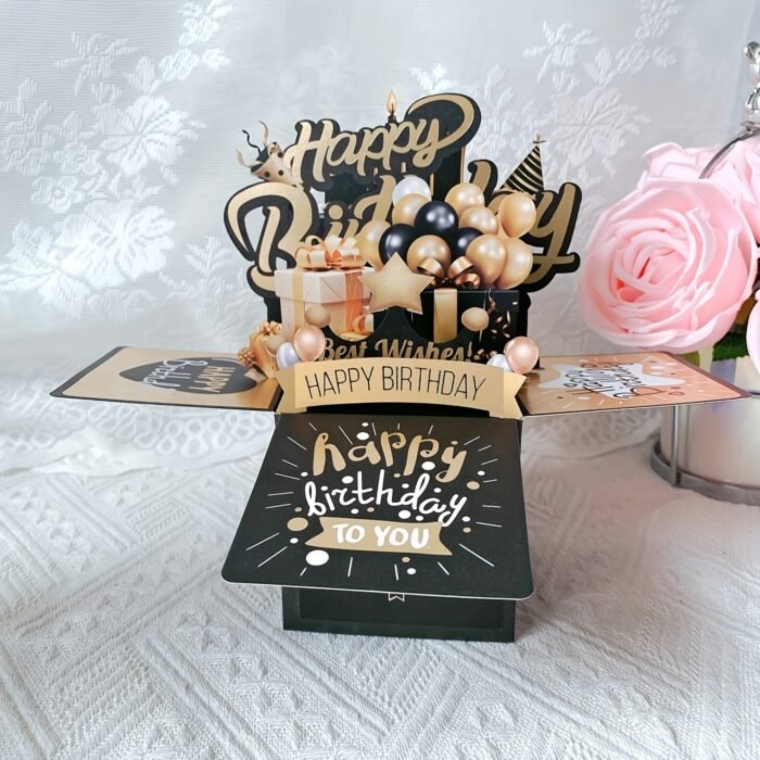 Festive 3D Pop-up Birthday Card Set - Black and Golden, 2 Cards, 1 Envelope, Perfect for Him or Her - Image 2