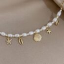 Bohemian Style Faux Pearl Beaded Bracelet, Seastar Seashell Charm Pendant Link Chain Bracelets Summer Beach Hand Jewelry For Women