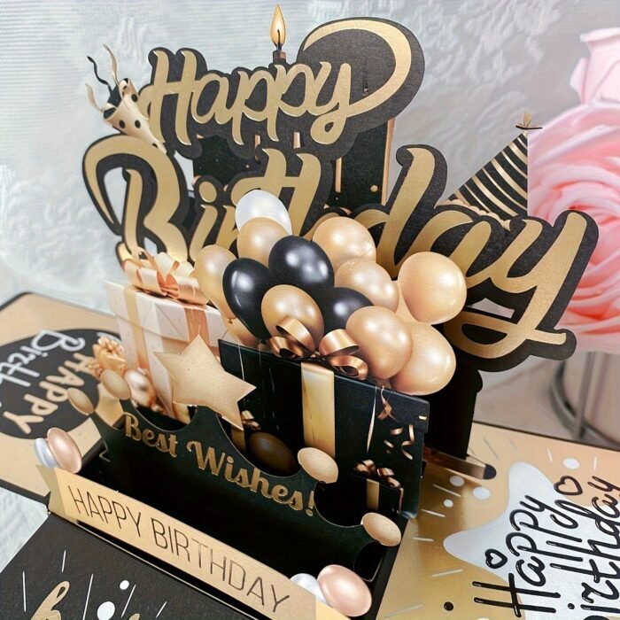 Festive 3D Pop-up Birthday Card Set - Black and Golden, 2 Cards, 1 Envelope, Perfect for Him or Her - Image 8
