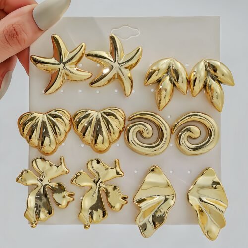 6 Pairs of European and American Cross-border CCB Fashion Irregular Geometric Golden Stud Earrings Set, Stylish Retro Minimalist Style with Starfish and Bear Designs, Suitable for Daily Wear or Festive Occasions