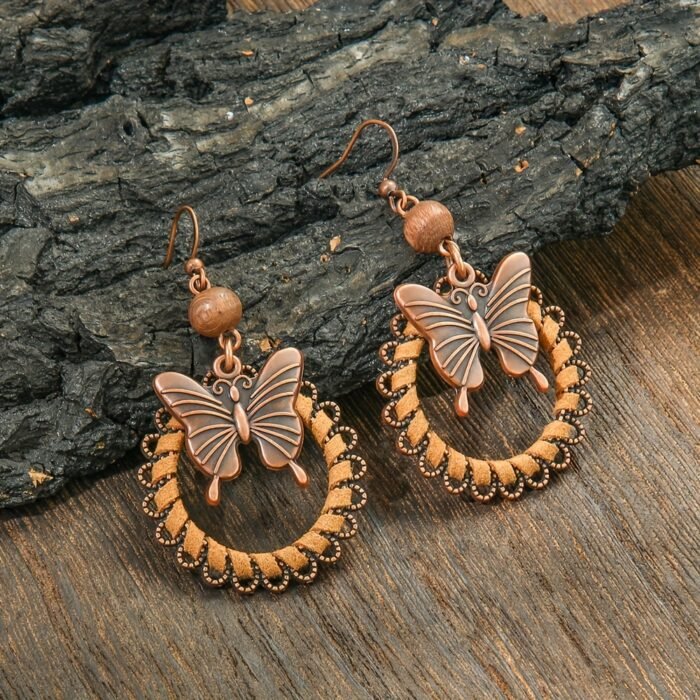 3pcs Bohemian Vacation Style, Round Zinc Alloy PU Braided Multi-Layer Pendant Necklace + Earrings with Butterfly Charm, Elegant - Image 5