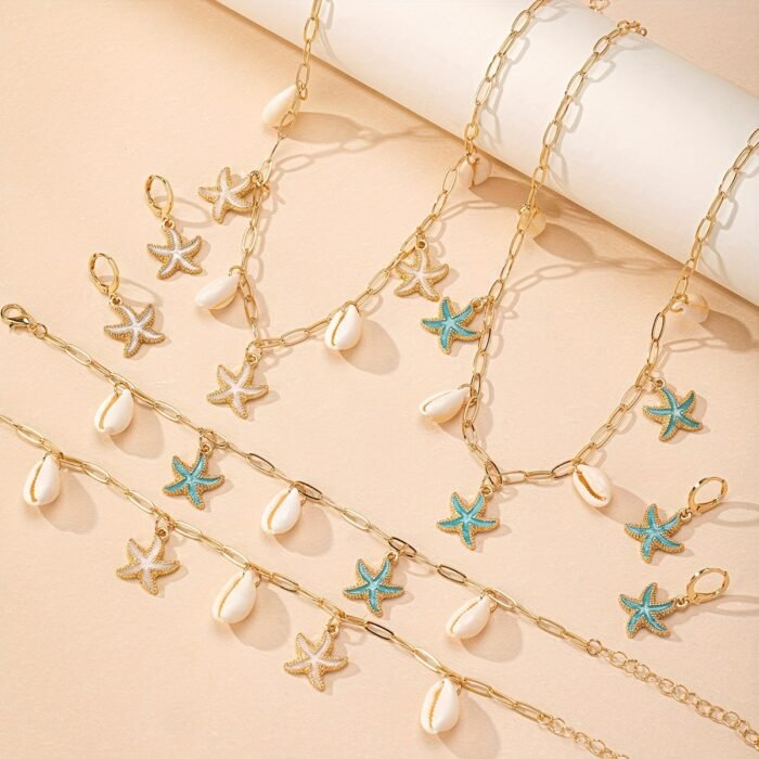 Starfish Shell Necklace, Starfish Shell Bracelet, and Pair of Starfish Shell Earrings Oceanic Vacation Style Jewelry Set - Image 5