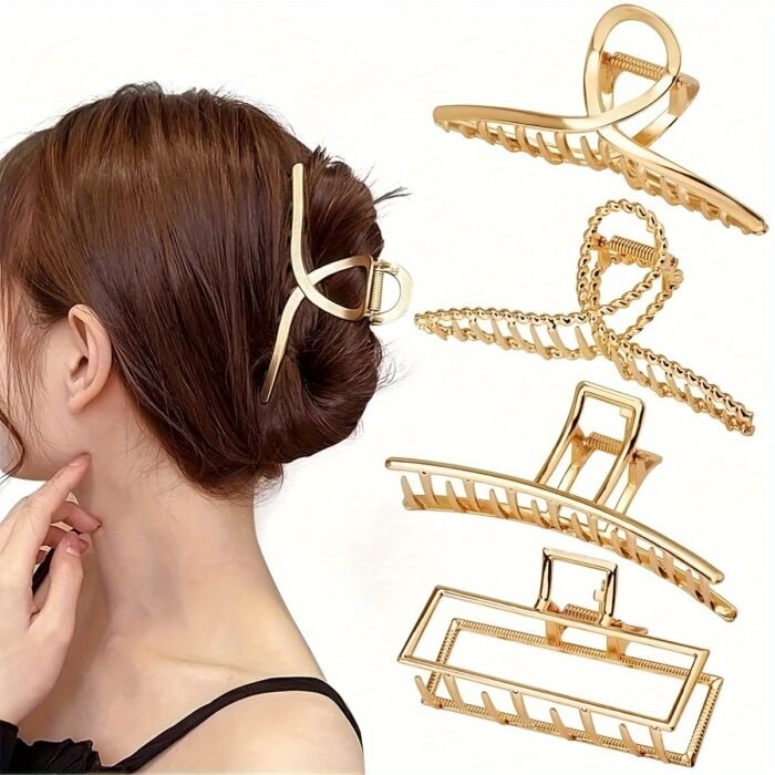 4pcs Large Metal Hair Claw Clips for Thick Hair - Non-Slip Strong Hold Rectangular Hair Clips with Secure Grip, Elegant Bohemian Hair Accessories for Women & s, Casual & Formal Events (Solid Color), Hair Clips for Styling, Polished Golden Finish, Luxurious Feel, Durable Construction