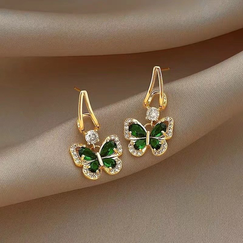 French Vintage Green Butterfly Earrings with Sparkling Glass Artificial Crystals - Golden-Tone Unplated Metal Jewelry for Women, Saint Patrick’s Day Accessories & Elegant Gift, French Pendant Earrings, Festive Accessories, Luxurious Fashion Accessory, Intricate Craftsmanship