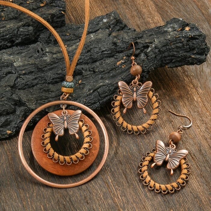 3pcs Bohemian Vacation Style, Round Zinc Alloy PU Braided Multi-Layer Pendant Necklace + Earrings with Butterfly Charm, Elegant - Image 2