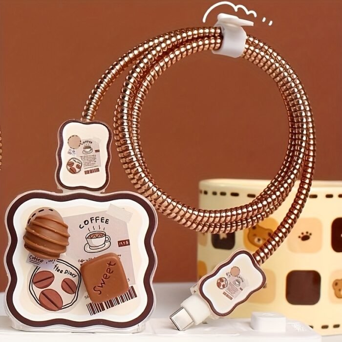 5pcs Coffee Bean/Chocolate Candy Style Charger Protective Case Suitable for Apple for14 Pro Max/13/12/11 Charger and Data Cable Winding Protection Set - Image 4