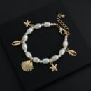 Bohemian Style Faux Pearl Beaded Bracelet, Seastar Seashell Charm Pendant Link Chain Bracelets Summer Beach Hand Jewelry For Women