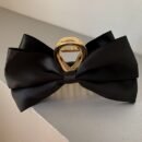 Single Elegant Satin Bow & Geometric Fabric Claw Clip - Secure Shark Grip Hair Clip for Updos, Weddings, Parties - Black & White Hair Accessories for Women, Party Hair Decoration, Satin Finish