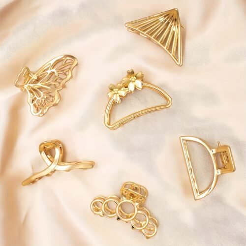 6pcs Set Elegant Cute Golden Hair Claws, Alloy Metal Hollow Hair Clips, Small Size, Solid Color, for Women, Suitable for Thick and Thin Hair, with Valentine'S Day Gift