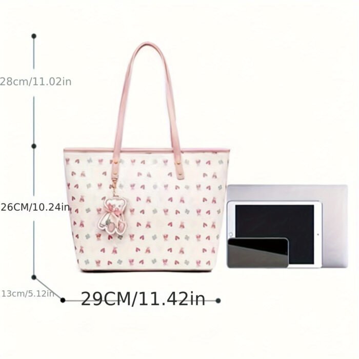 1pc Pink Bear Laptop Tote Bag - Durable PU, Large Capacity, Zip Closure, Polyester Lined for School, Work, iPad Storage - Image 5