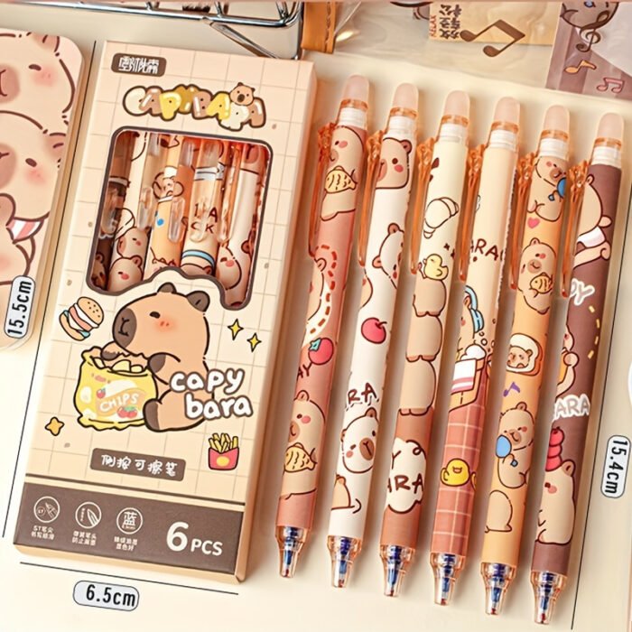 6pcs Set of Capybara Themed Erasable Gel Pens, Blue Ink Retractable Design, Smooth Writing, Fast Drying Office Accessory, Elegant Stationery Pen