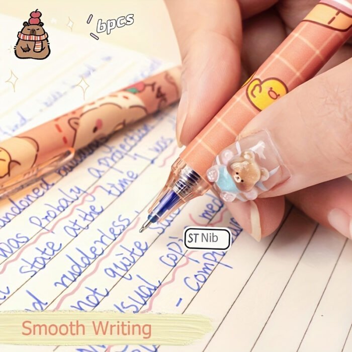 6pcs Set of Capybara Themed Erasable Gel Pens, Blue Ink Retractable Design, Smooth Writing, Fast Drying Office Accessory, Elegant Stationery Pen - Image 7