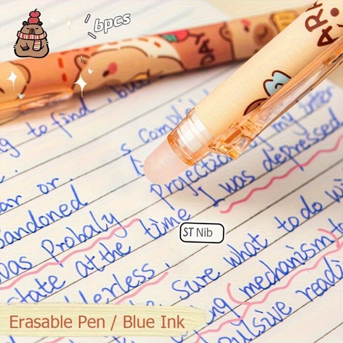 6pcs Set of Capybara Themed Erasable Gel Pens, Blue Ink Retractable Design, Smooth Writing, Fast Drying Office Accessory, Elegant Stationery Pen - Image 8