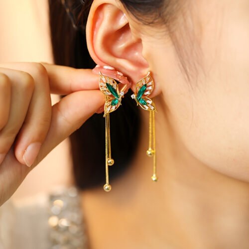 2pcs Luxurious Green Butterfly Tassel Drop Earrings for Teenager - Dangling, Fashionable, and Versatile Party Jewelry Accessories with Elegant Design and Sparkling Accents - Ideal for Formal Events, Weddings, and Everyday Wear, For Teenager