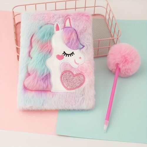 Soft Plush Notebook and Fluffy Pom-Pom Pen Set, Furry A5 Journal with Heart Design, Pastel Pink and Blue Cover, Cute Unicorn Illustration, Ideal for Youngsters' Desk Decor