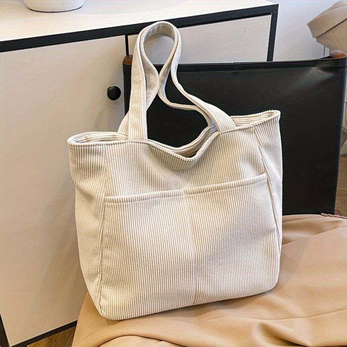 Women'S Large Capacity Corduroy Tote Bag - Casual White Shoulder Handbag with Zipper Closure, 4-Season Versatile Design, Durable & Stylish for Everyday Use, Everyday Tote Bag | Casual Style Bag | Corduroy Material, Large Tote Bag, Versatile Carryall, Classic Stripe Pattern, Sturdy Handle Construction, Travel Accessory, Minimalist Design, Highquality Fabric, Spacious Carryall, Fashion Lovers - Image 3
