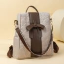 Cross-Border Fashion Backpack, Available in Beige/Black, Size 31×34×15cm, Bow Decoration, Diamond Embossed, Large Capacity Commuter Backpack