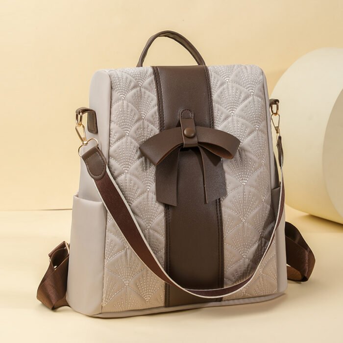 Cross-Border Fashion Backpack, Available in Beige/Black, Size 31×34×15cm, Bow Decoration, Diamond Embossed, Large Capacity Commuter Backpack - Image 9