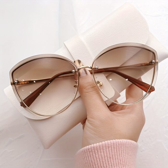 Korean version frameless irregularly trimmed lens Women's fashion glasses, large-framed cat-eye high-end fashion show decorative eyeglasses - Image 9