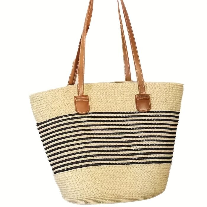 [Elegant Woven Bag] Large Capacity Woven Tote Bag | Women's Beach Shoulder Bag, High-end Feel, 3 Colors to Choose from, Including Beige Brown Striped, Beige Black Striped, Brown Black Stripe - Image 7