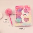 Soft Plush Notebook and Fluffy Pom-Pom Pen Set, Furry A5 Journal with Heart Design, Pastel Pink and Blue Cover, Cute Unicorn Illustration, Ideal for Youngsters' Desk Decor