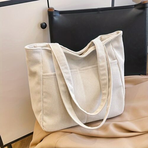 Women'S Large Capacity Corduroy Tote Bag - Casual White Shoulder Handbag with Zipper Closure, 4-Season Versatile Design, Durable & Stylish for Everyday Use, Everyday Tote Bag | Casual Style Bag | Corduroy Material, Large Tote Bag, Versatile Carryall, Classic Stripe Pattern, Sturdy Handle Construction, Travel Accessory, Minimalist Design, Highquality Fabric, Spacious Carryall, Fashion Lovers
