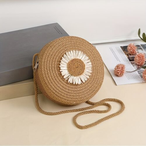 [Bohemian Crossbody Bag] Bohemian Women's Straw-Style Round Crossbody Bag | Lightweight Woven Paper Material with Daisy Embellishment, Adjustable Strap & Zipper Closure, 8 Colors for Summer Travel