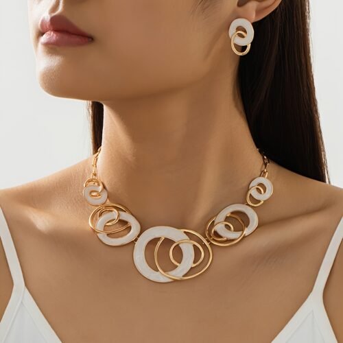 Two-Piece Women'S Jewelry Set with Enamel Drip Glaze Geometric Circle Design Necklace and Earrings, Simple Elegant Fashionable Style Suitable for Mother'S Day Gift and Daily Wear