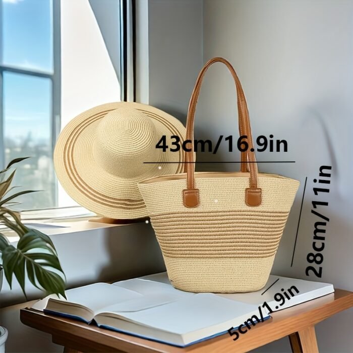 [Elegant Woven Bag] Large Capacity Woven Tote Bag | Women's Beach Shoulder Bag, High-end Feel, 3 Colors to Choose from, Including Beige Brown Striped, Beige Black Striped, Brown Black Stripe - Image 5
