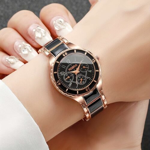 Women's Elegant Rose Golden-Tone Watch - Quartz Wristwatch with Black Dial, Minimalist Ladies Watch for Everyday & Formal Events, Durable Alloy Case - Perfect Birthday/Anniversary Gift for Her, Versatile Timepiece, Sophisticated Design, Special Occasion, Stylish Timepiece, Precision Movement, Fashion Accessory, Professional Women