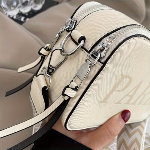 Women's Adjustable Crossbody Bag with Paris Letter Print - Minimalist Shoulder Bag, Zipper Closure & Polyester Lining, Black Casual Everyday Handbag