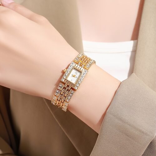 Women's Vintage Rhinestone Wristwatch - Elegant Square Dial with Chain Accent, Stainless Steel Case & Quartz Movement Watch for Everyday & Special Occasions - Perfect Gift for Women (Birthday, Christmas, Mother's Day, Ramadan) - Affordable Luxury Jewelry-Watch, Stylish Accessory, Sparkling Rhinestones, Highquality Jewelry, Statement Piece, Fashion Lovers