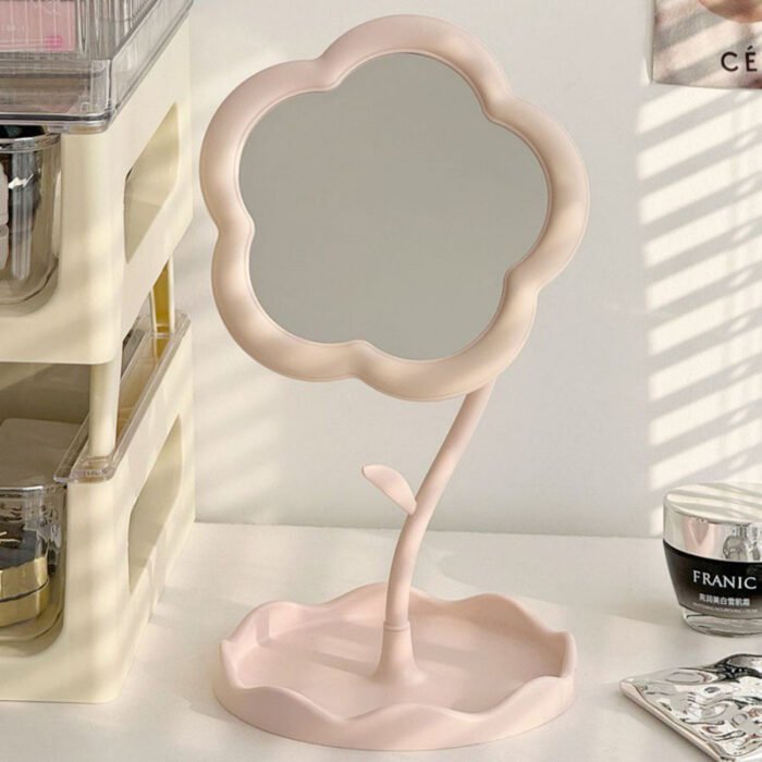 Floral Makeup Mirror with Rotating Base - Pastel Pink Vanity Mirror, No Battery Needed, Sturdy Glass Surface & Elegant Floral design for Dorm, Bedroom, Bathroom, Desk - Cute Decorative Makeup Mirror for Women & Teens, Dorm Room Essentials, Playful Aesthetic, Polished Finish, Teen Accessories - Image 3