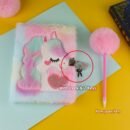 Soft Plush Notebook and Fluffy Pom-Pom Pen Set, Furry A5 Journal with Heart Design, Pastel Pink and Blue Cover, Cute Unicorn Illustration, Ideal for Youngsters' Desk Decor