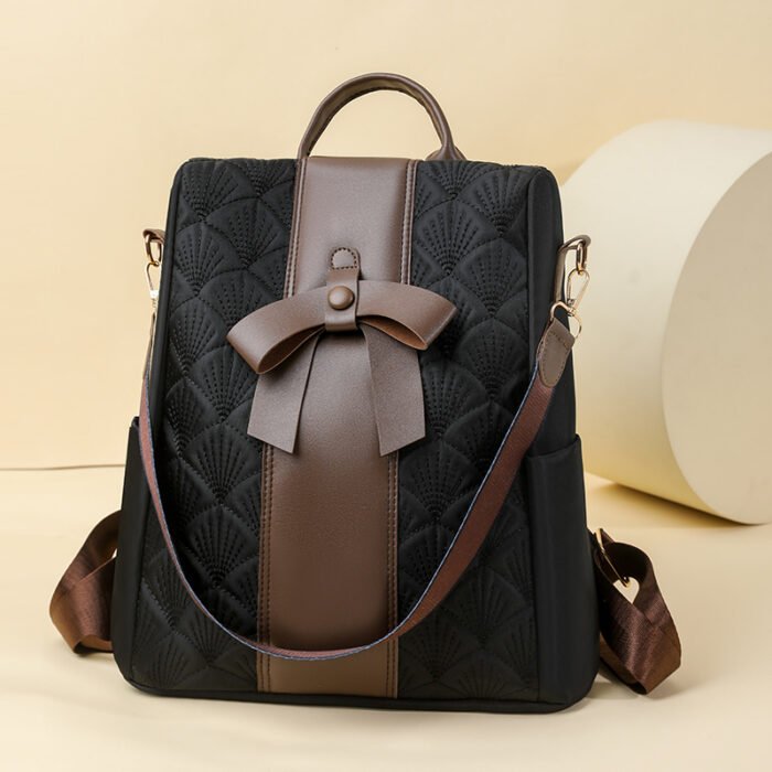 Cross-Border Fashion Backpack, Available in Beige/Black, Size 31×34×15cm, Bow Decoration, Diamond Embossed, Large Capacity Commuter Backpack - Image 5
