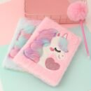 Soft Plush Notebook and Fluffy Pom-Pom Pen Set, Furry A5 Journal with Heart Design, Pastel Pink and Blue Cover, Cute Unicorn Illustration, Ideal for Youngsters' Desk Decor