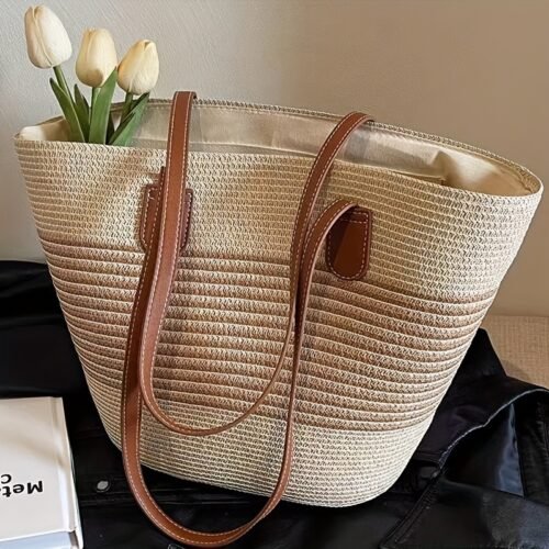 [Elegant Woven Bag] Large Capacity Woven Tote Bag | Women's Beach Shoulder Bag, High-end Feel, 3 Colors to Choose from, Including Beige Brown Striped, Beige Black Striped, Brown Black Stripe