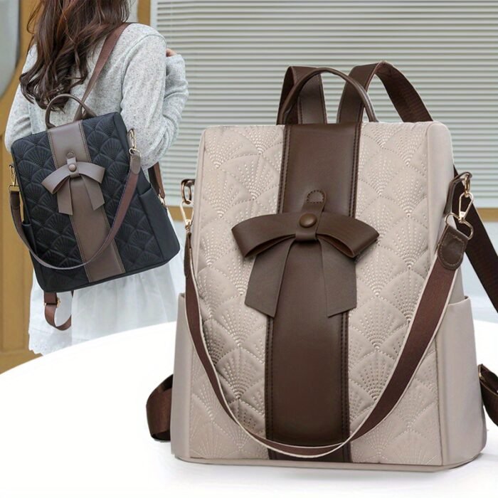 Cross-Border Fashion Backpack, Available in Beige/Black, Size 31×34×15cm, Bow Decoration, Diamond Embossed, Large Capacity Commuter Backpack