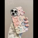 Hand-Painted Colorful Floral Phone Case, Suitable for Apple iPhone 11/12/13/14/16/15/14/13/12/11 Pro Max XS/XR/X/7/8 Plus - Silvery Feather Yarn - Multicolor Flowers 399XS