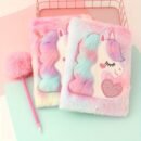 Soft Plush Notebook and Fluffy Pom-Pom Pen Set, Furry A5 Journal with Heart Design, Pastel Pink and Blue Cover, Cute Unicorn Illustration, Ideal for Youngsters' Desk Decor