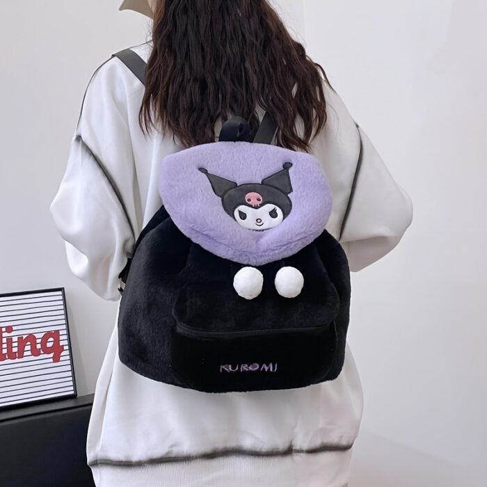 Sanrio Hello Kitty Kuromi Women's Backpack - Cute Cartoon Anime Design, Large Capacity Faux Fur & Polyester Drawstring Closure Bag for College Students, Youthful Casual Style (Purple/Black), Hello Kitty Backpack for, College Student Accessory, Secure Zipper Closure - Image 3