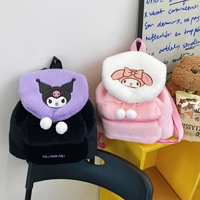 Sanrio Hello Kitty Kuromi Women's Backpack - Cute Cartoon Anime Design, Large Capacity Faux Fur & Polyester Drawstring Closure Bag for College Students, Youthful Casual Style (Purple/Black), Hello Kitty Backpack for, College Student Accessory, Secure Zipper Closure - Image 8
