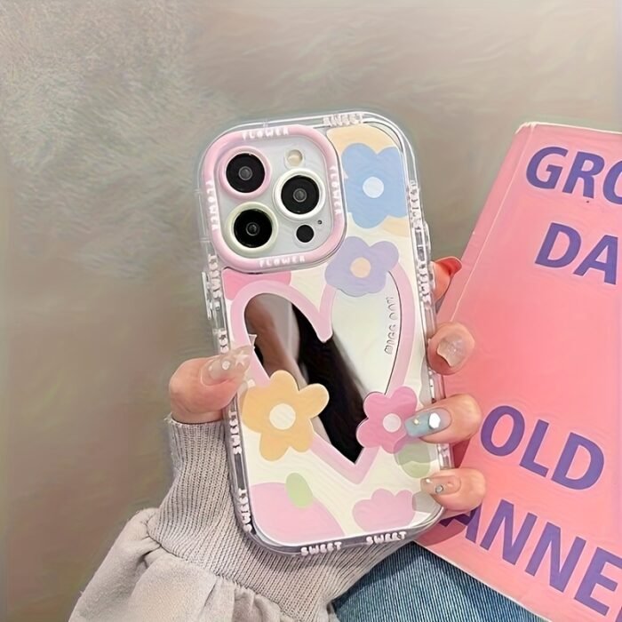 Colorful Small Flower Heart Letter Pattern Cream Shell Mirror Phone Case, Suitable for Iphone 11 12 13 14 15 16 Pro Max 12 Pro Max 13 Pro Max 14 Pro Max 15 Pro 16 Pro Max Mirror Cream Shell Material - Transparent - Heart Small Flower Mirror - Image 2